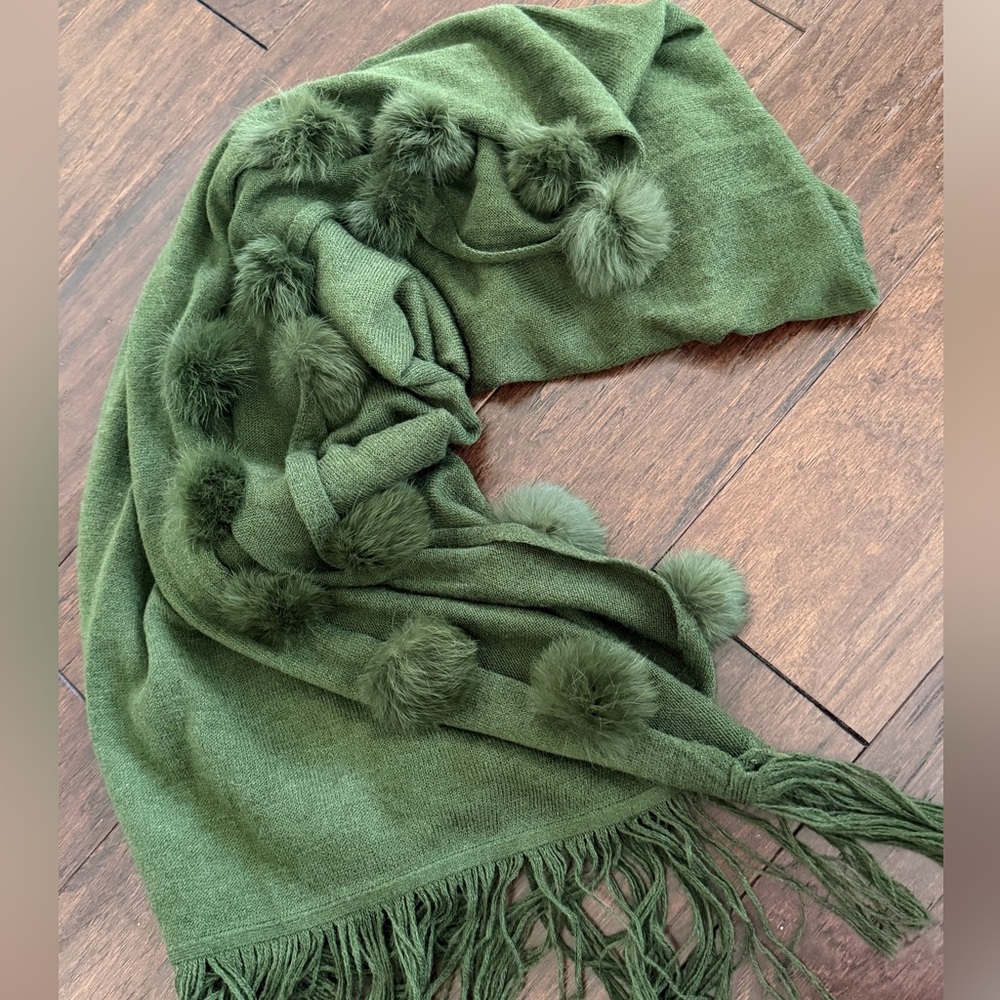 Green Knit Solid Fringe Pom Pom Rectangle Scarf